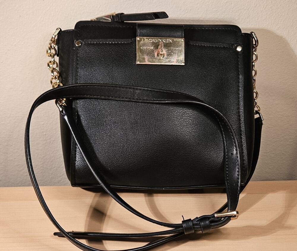 Faux Leather Calvin Klein Black Crossbody Purse With Partial Chain Strap